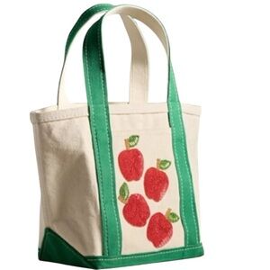 ANTHROPOLOGIE Beaded Canvas Bag with Red Apple Motif - Cream/Green